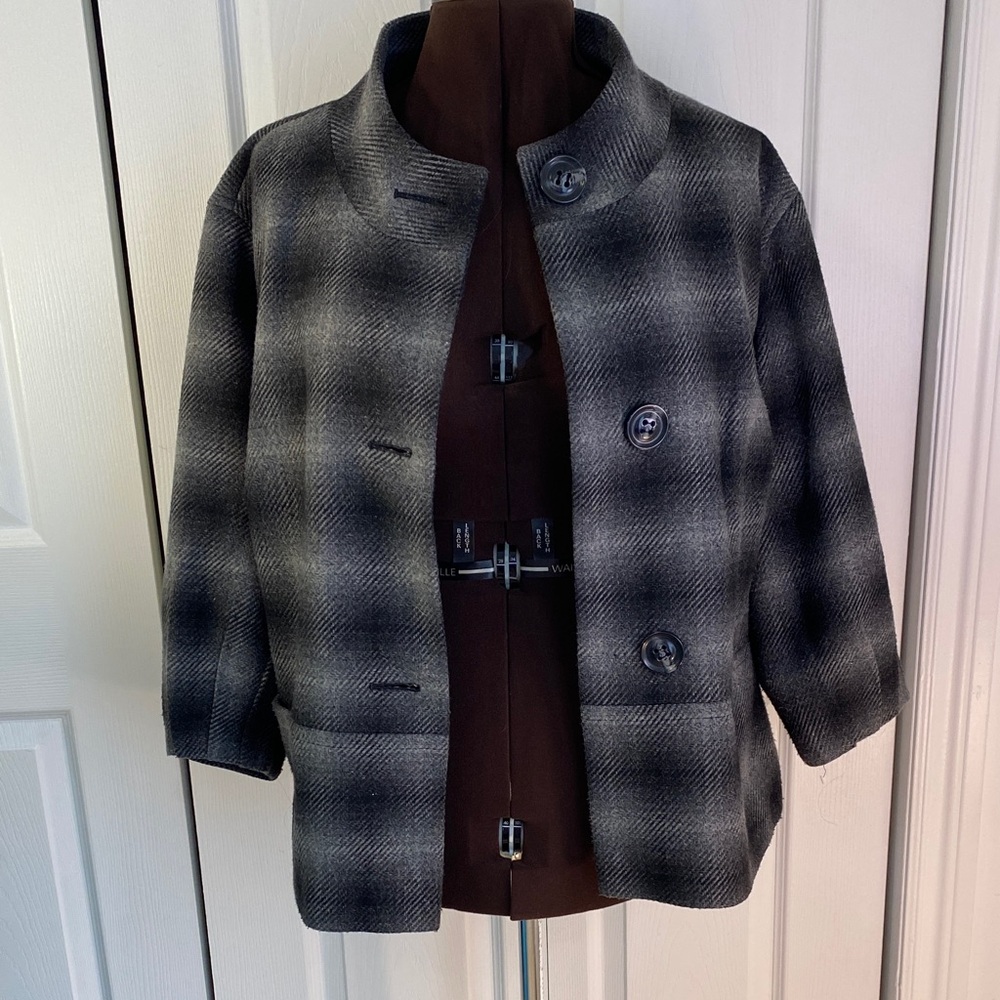 Michel Antoni Pea Coat, Lined Jacket, Black and Gray with Flared Hem, 14 Plus